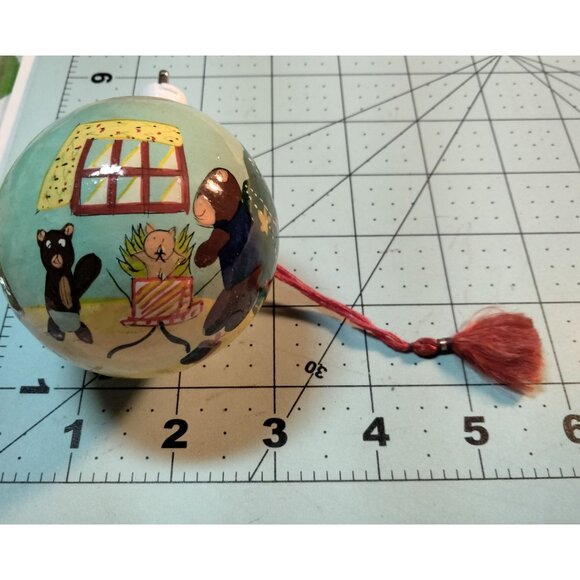 Christmas Ornament Creepy Bear Family Scene Vintage Hand Painted Folk Art - Picture 10 of 10